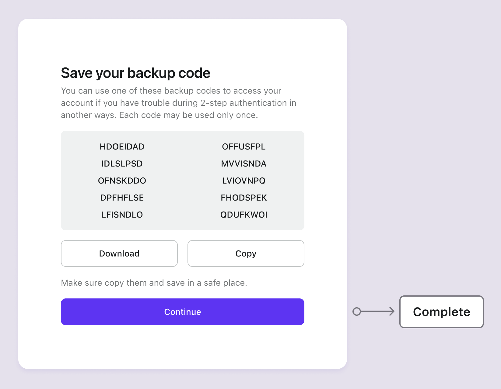 Backup codes set up flow