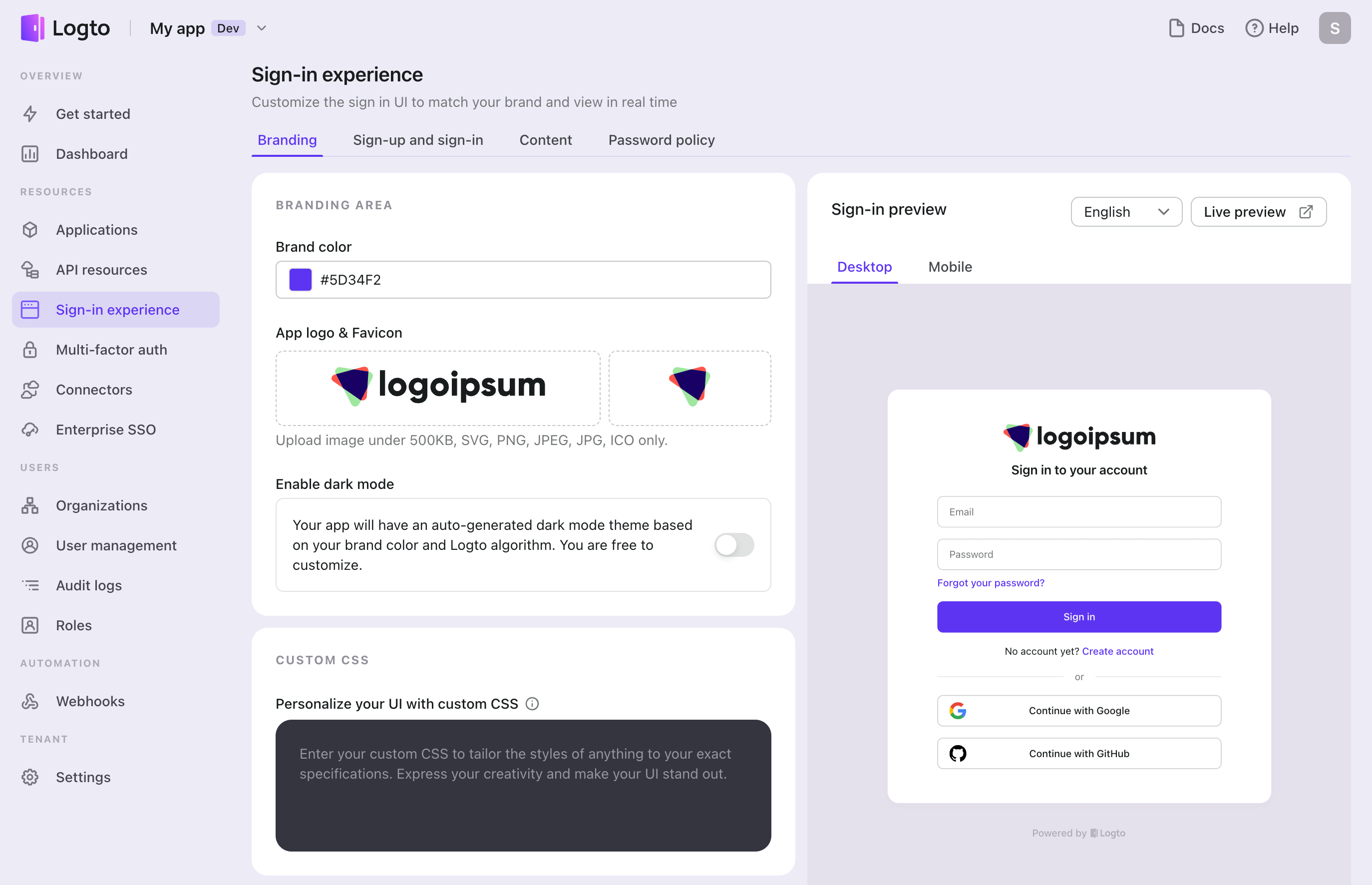 Sign-in Experience homepage
