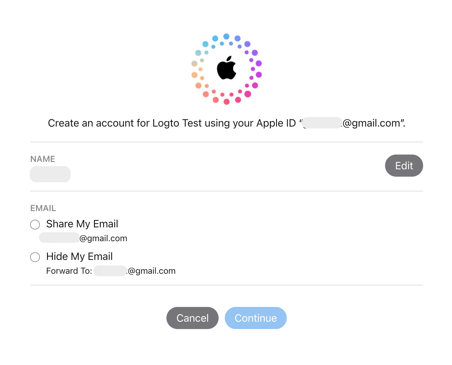 Pantalla de consentimiento de Iniciar sesión con Apple