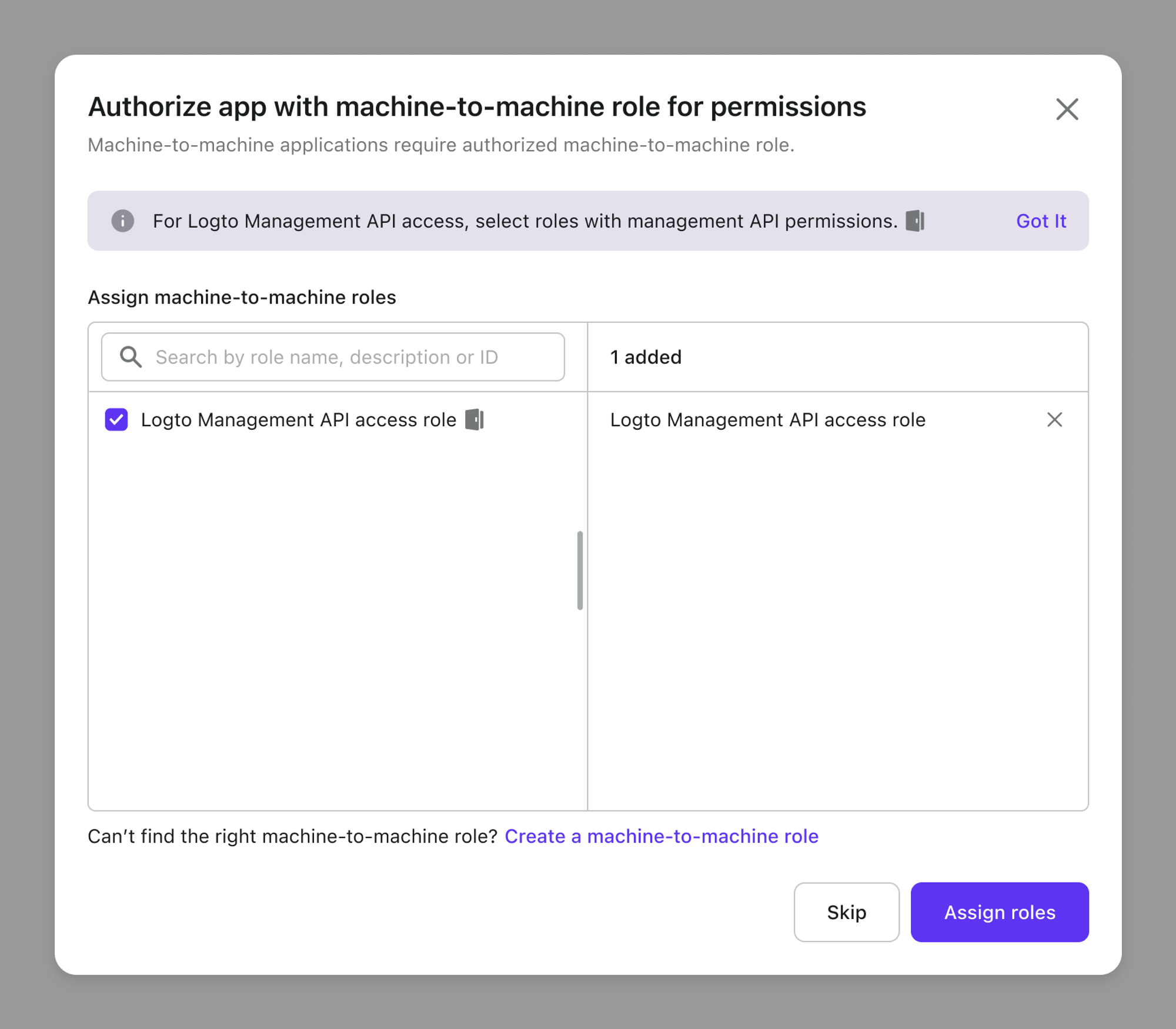 Modal de atribuição de papéis M2M